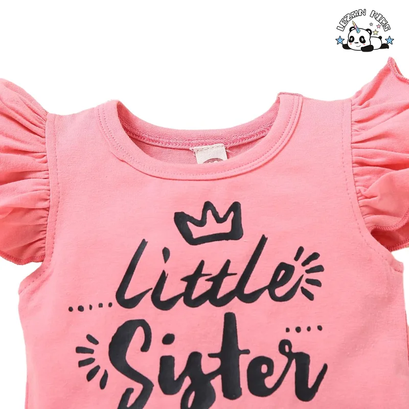 LEZONKIDS - Customizable Children's Wear Letter Printing Big Flower Fly Sleeve Two-piece Children's Wear